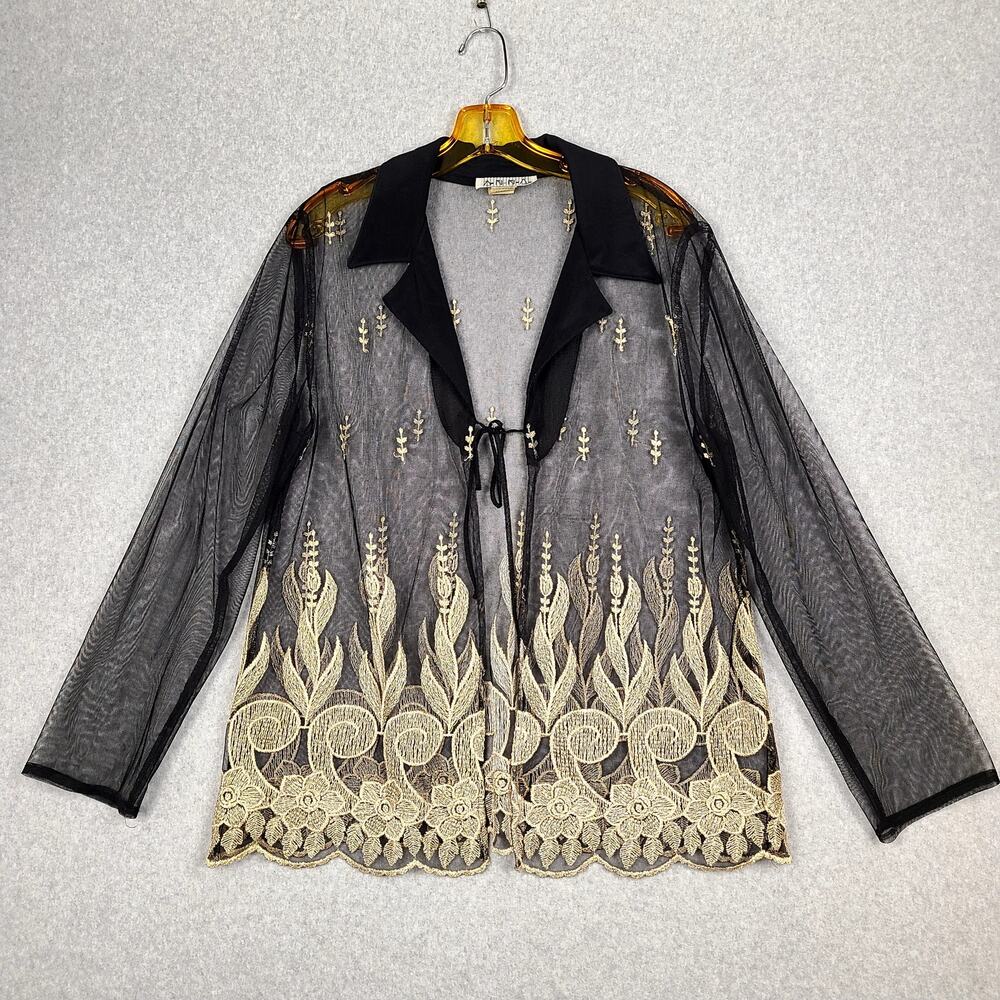 Anna USA Black Sheer Gold Embellished Tie-Front Bolero Cardigan XL Layering 80s